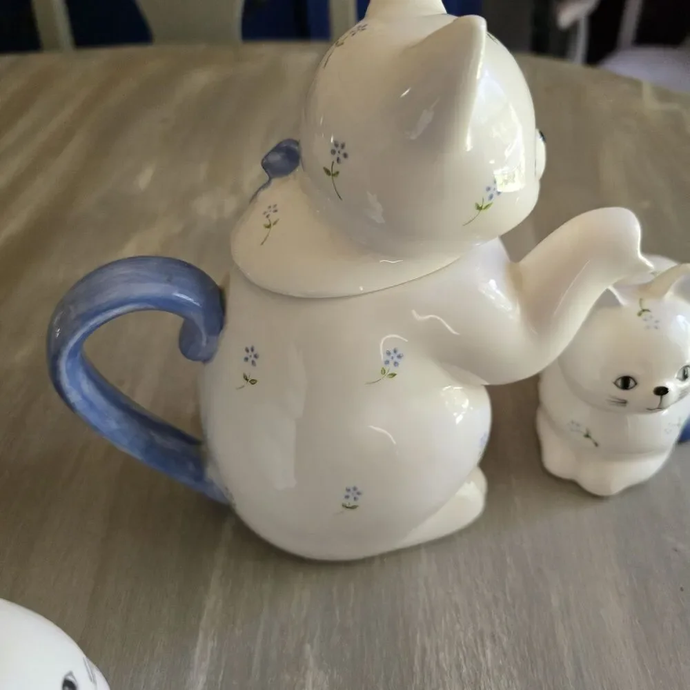Vintage Otagiri Cat Ceramic Teapot Creamer Sugar Bowl Set - White & Blue Floral